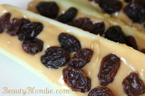 Ants on a log at BeautyBlondie.com Healthy Snacks