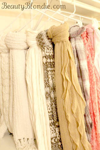 I just love this idea about hanging your scarfs on a hanger 