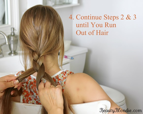 4. Continue steps 2 and 3 until you run out of hair for a Basic Braid 