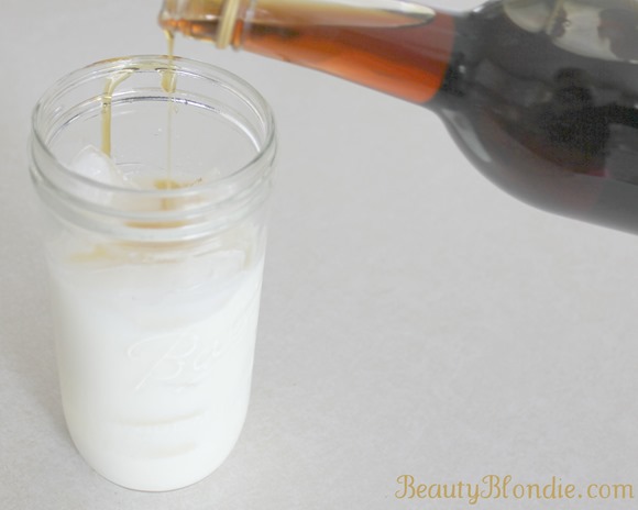 Pour Maple Syrup on the Iced Milk in the Mason Jar