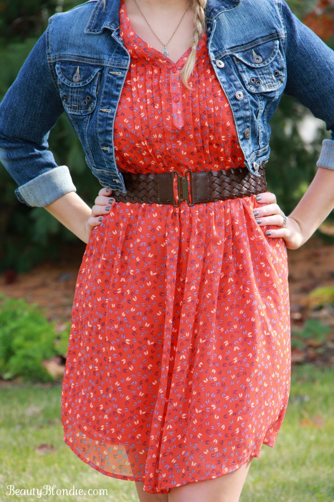 Fall fashion, Jean jacket, Brown belt and burnt orange dress.