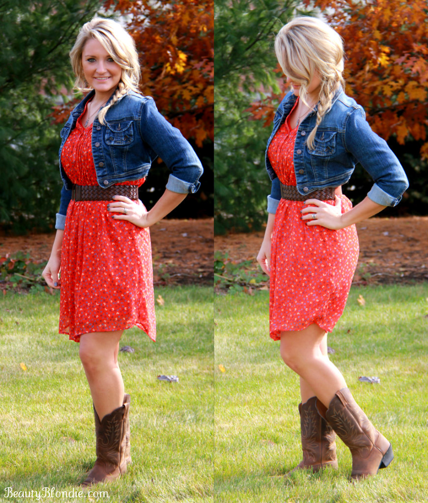 The perfect fall outfit, Cowgirl Boots, a jean jacket and a burnt orange dress cinched at the waist with a belt