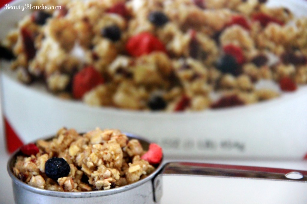 Add a .25 cup of granola to your yogurt and protein