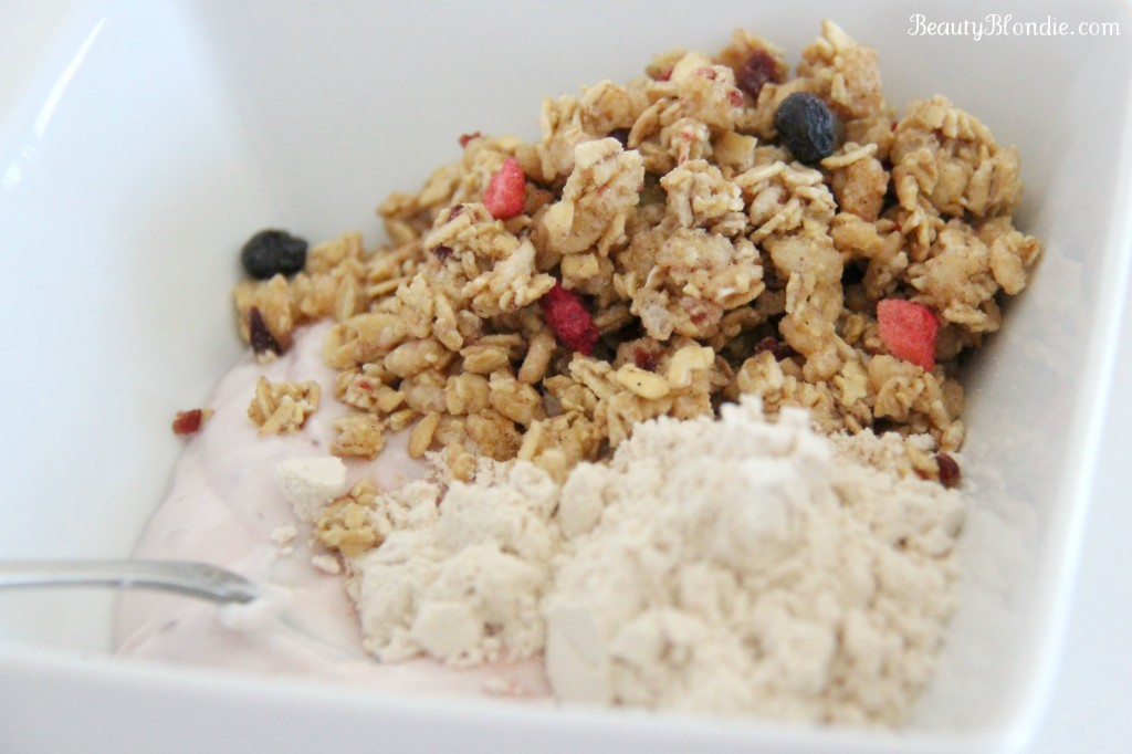 I am so going to try this, yogurt, granola and strawberry protein.